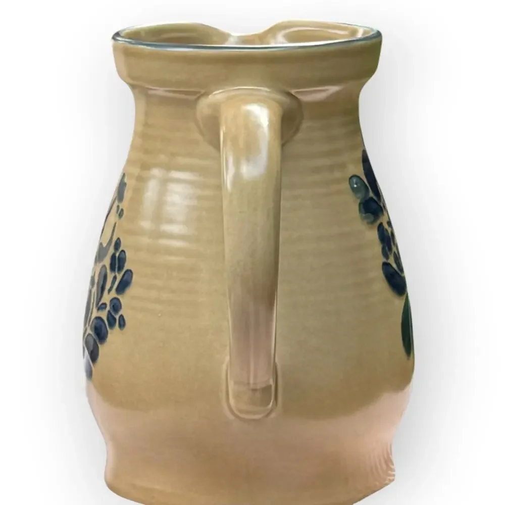 Vintage 80s Pfaltzgraff Tan & Blue Floral Folk Art Stoneware 2.5 Qt Pitcher #416
